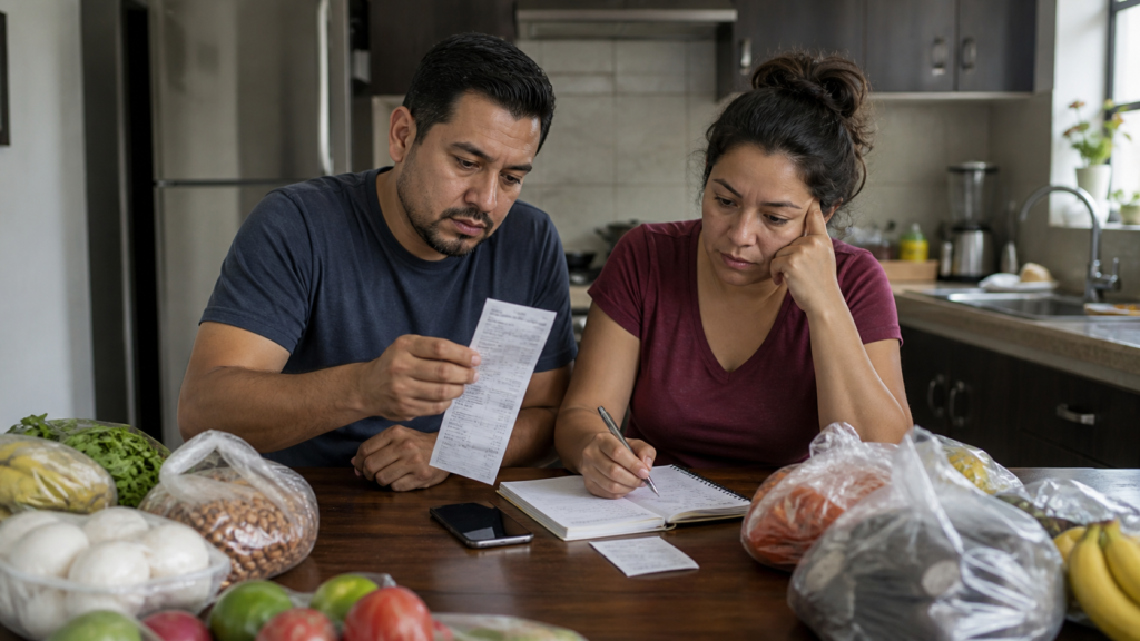 Familia revisa un presupuesto y compara precios en un mercado mexicano