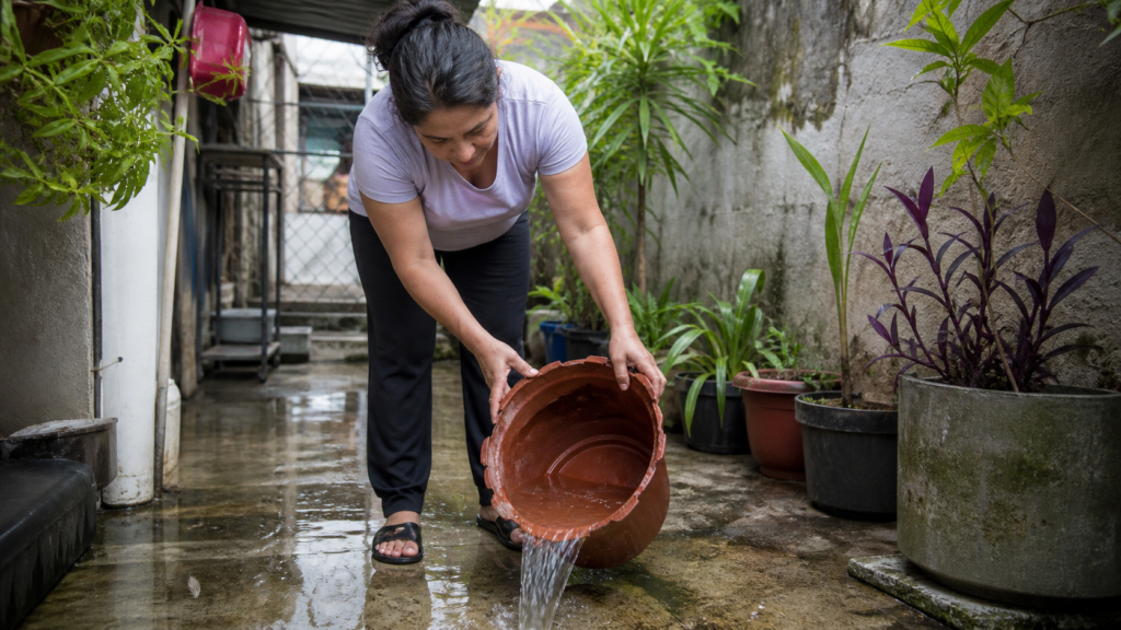 Persona vaciando agua de una maceta en un patio mexicano después de una lluvia